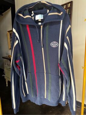 Kith Navy Hooded Zip-Up Sweater with Cream, Green & Red Stripes